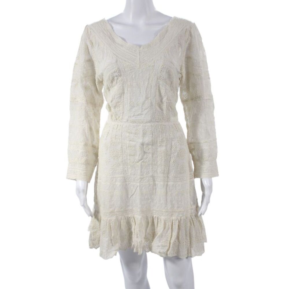 Love Shack Fancy Womens Mini V-Neck Boho Ivory Long Sleeve Dress Size 6